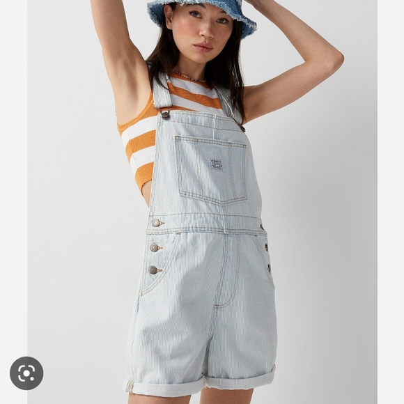 NWT Levi's * Denim Shortalls Overalls Bib Blue Striped - Picture 5 of 10